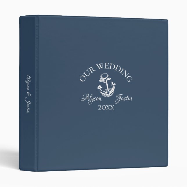 Nautical Anchor Navy Blue and White Wedding 3 Ring Binder (Front/Spine)