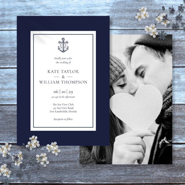 Nautical Anchor Navy Blue And White Wedding Photo  Invitation (Nautical Anchor Navy Blue And White Wedding Photo Invitation)