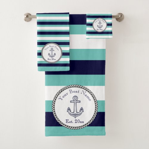 Nautical Anchor Navy Blue Aqua Teal White stripes Bath Towel Set