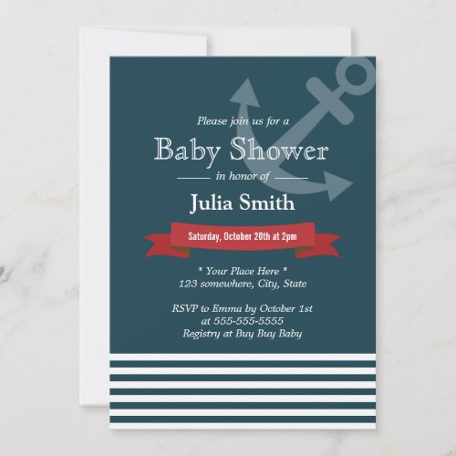 Nautical Anchor Navy Blue Baby Shower Invitations 5" X 7" Invitation Card
