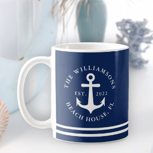 Nautical Anchor Navy Blue Beach House Family Name Coffee Mug