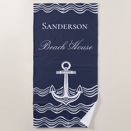 Nautical Anchor Navy Blue Beach House Monogram Beach Towel