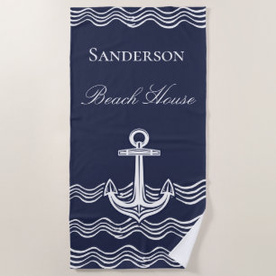 Nautical Anchor Navy Blue Beach House Monogram Towel