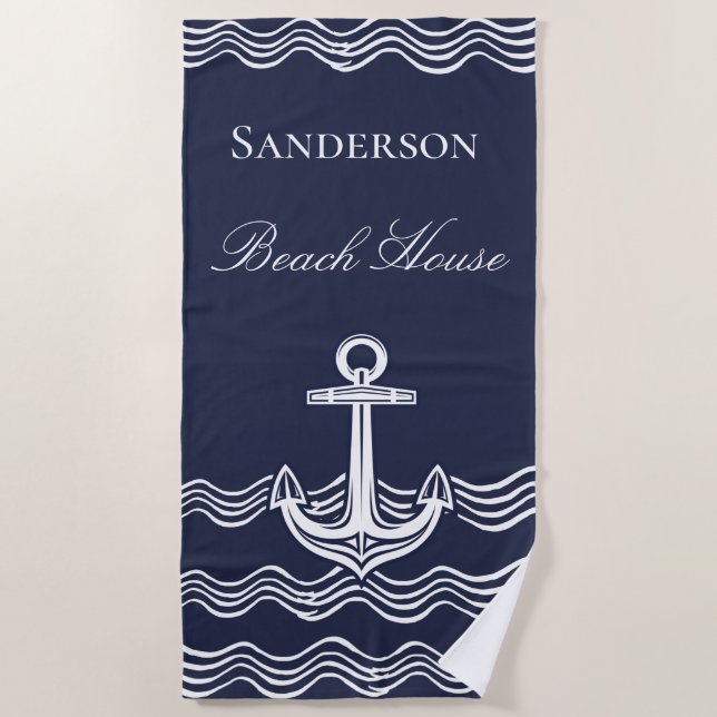 Nautical Anchor Navy Blue Beach House Monogram Towel (Front)