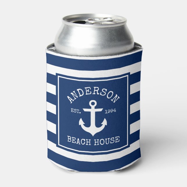 Nautical Anchor Navy Blue Beach House Striped Can Cooler (Can Front)