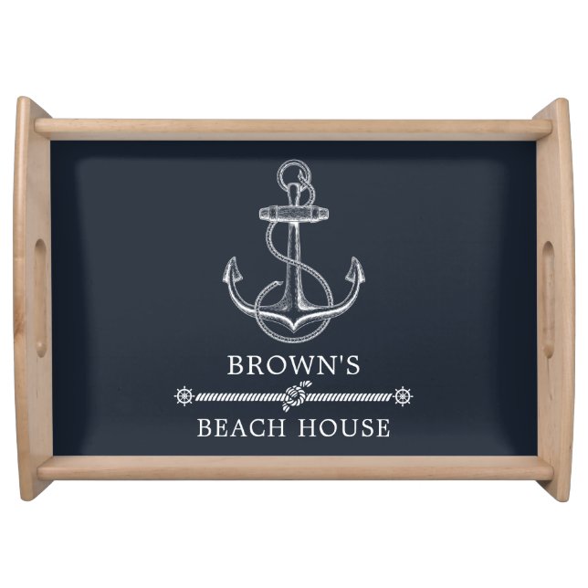 Nautical Anchor Navy Blue Beach or Lake House Serving Tray (Front)