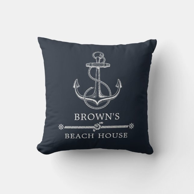 Nautical Anchor Navy Blue Beach or Lake Throw Pillow (Front)