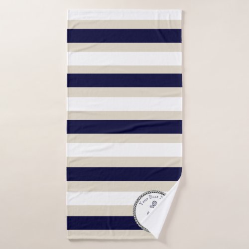 Nautical Anchor Navy Blue Beige White Stripe  Bath Towel