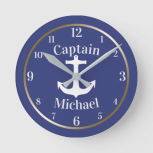 Nautical Anchor Navy Blue Boat Captain Round Clock