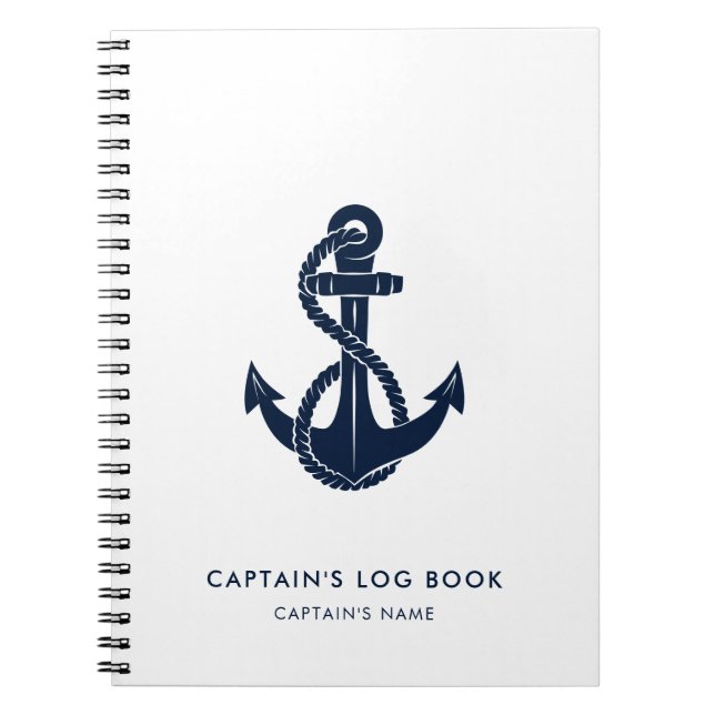 Nautical Anchor Navy Blue Boat Name Captain Log Notebook (Front)