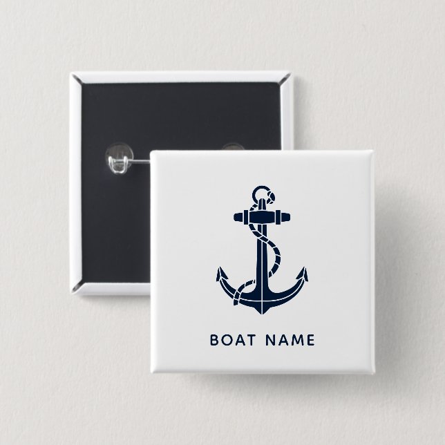 Nautical Anchor Navy Blue Boat Name Coastal Custom Button (Front & Back)