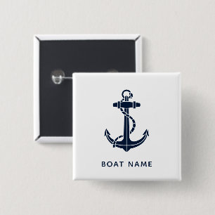 Nautical Anchor Navy Blue Boat Name Coastal Custom Button