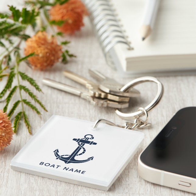 Nautical Anchor Navy Blue Boat Name Cruise Custom Keychain (Front Right)