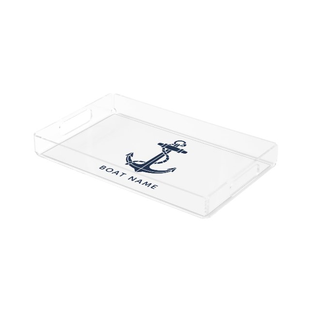 Nautical Anchor Navy Blue Boat Name Custom Acrylic Tray (Angled)