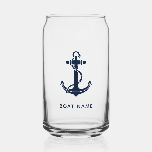 Nautical Anchor Navy Blue Boat Name Custom Can Glass (Front)