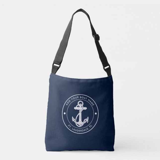 Nautical Anchor Navy Blue Boat Name Custom Crossbody Bag (Front)