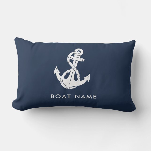 Nautical Anchor Navy Blue Boat Name Custom Lumbar Pillow (Front)