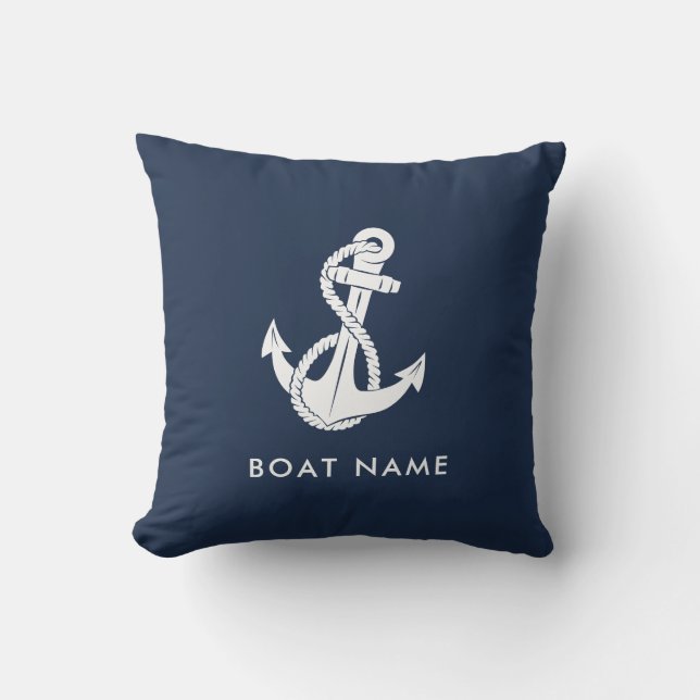 Nautical Anchor Navy Blue Boat Name Custom Outdoor Pillow (Front)