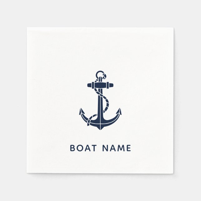 Nautical Anchor Navy Blue Boat Name Custom Paper Napkins (Front)