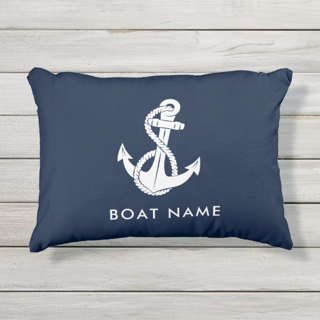 Nautical Anchor Navy Blue Boat Name Outdoor Pillow (Front)