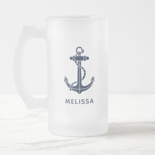 Nautical Anchor Navy Blue Boat Name Personalized Frosted Glass Beer Mug