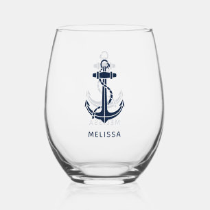 Nautical Anchor Navy Blue Boat Name Personalized Stemless Wine Glass