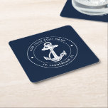 Nautical Anchor Navy Blue Boat Name Square Paper Coaster<br><div class="desc">Add your boat name and dock by clicking the "Personalize" button above. Set sail in style with our custom nautical-themed boating swag coaster. The coaster boasts a cute design inspired by the ocean's wonders, featuring classic maritime motifs such as an anchor and rope. Whether you're cruising along the coast or...</div>