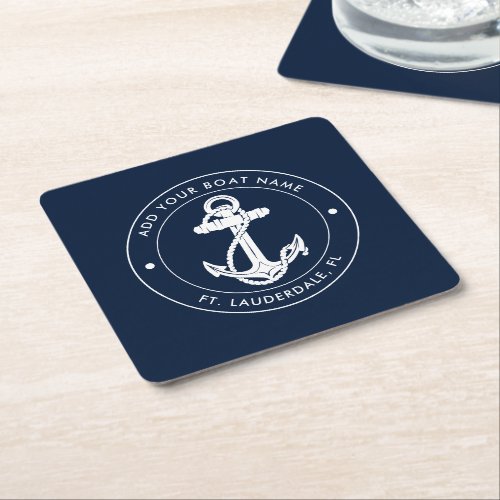 Nautical Anchor Navy Blue Boat Name Square Paper Coaster