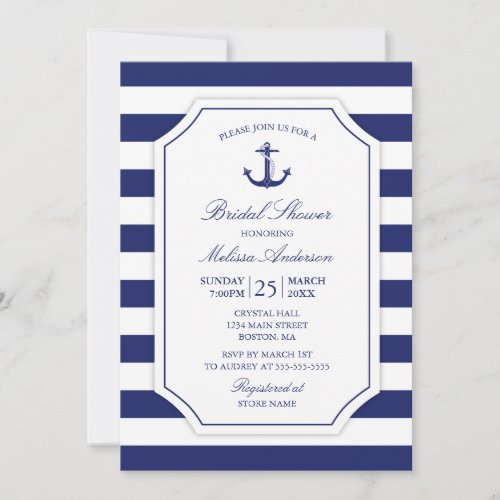 Nautical Anchor Navy Blue Bridal Shower Invitation