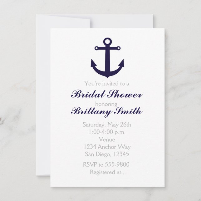 Nautical Anchor Navy Blue Bridal Shower Invitation (Front)