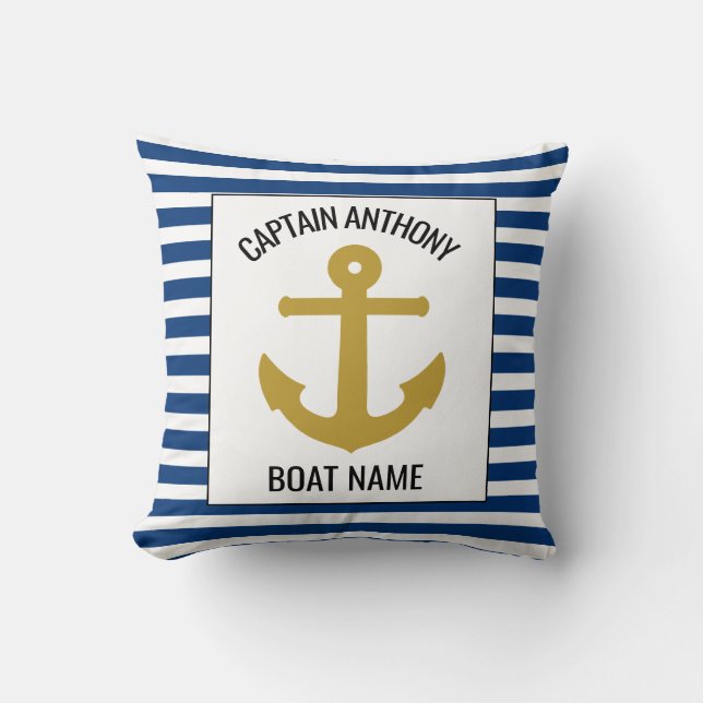 Nautical Anchor Navy Blue Captain and Boat Name Throw Pillow (Front)