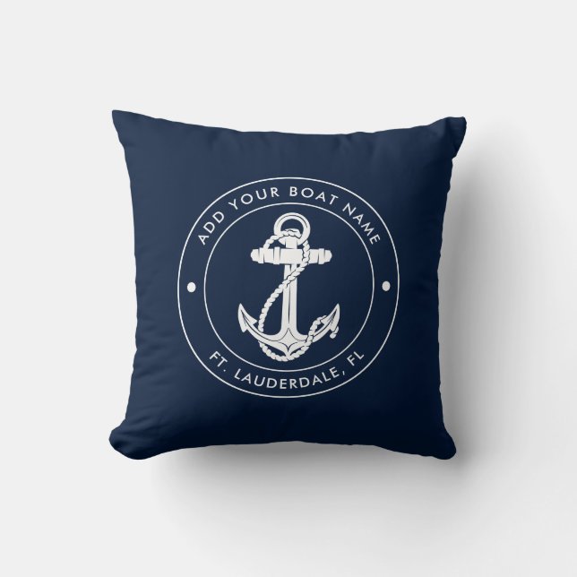 Nautical Anchor Navy Blue Captain Boat Name Custom Throw Pillow (Front)
