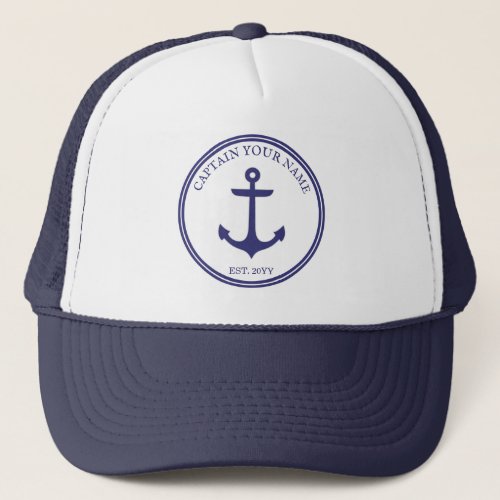 Nautical Anchor Navy Blue Captain or Boat Name Trucker Hat