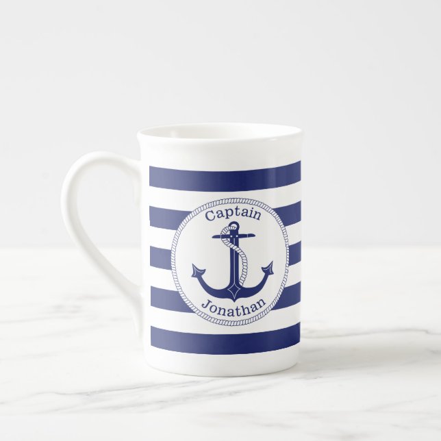 Nautical Anchor Navy Blue Captain Personalized Bone China Mug (Left)