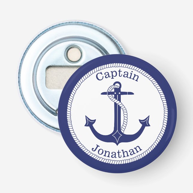 Nautical Anchor Navy Blue Captain Personalized Bottle Opener (Front)