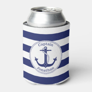 Nautical Anchor Navy Blue Captain Personalized Can Cooler