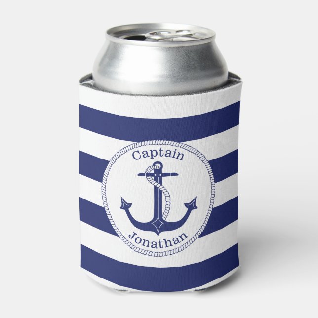 Nautical Anchor Navy Blue Captain Personalized Can Cooler (Can Front)