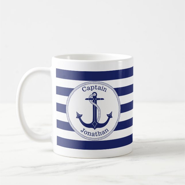 Nautical Anchor Navy Blue Captain Personalized Coffee Mug (Left)