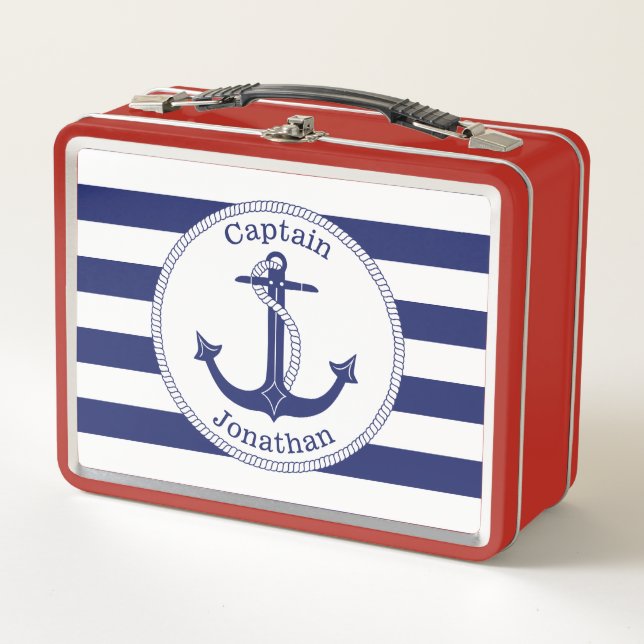 Nautical Anchor Navy Blue Captain Personalized Metal Lunch Box (Front)