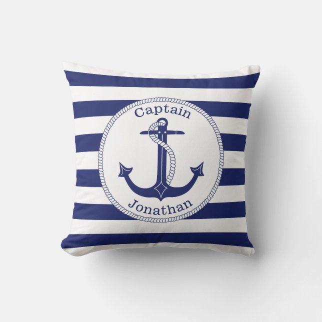 Nautical Anchor Navy Blue Captain Personalized Throw Pillow (Front)