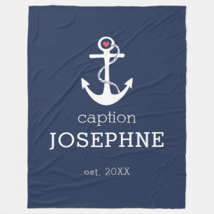 Nautical Anchor Navy Blue Caption Personalized Fleece Blanket