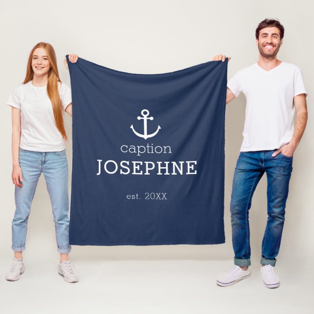 Nautical Anchor Navy Blue Caption Personalized Fleece Blanket (In Situ)