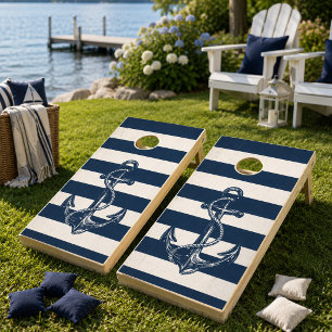 Nautical Anchor Navy Blue Coastal Stripe Cornhole Set
