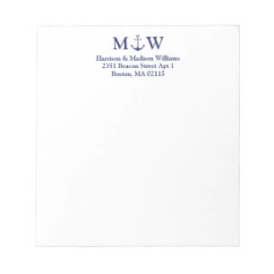 Nautical anchor navy blue couple monogram initials notepad