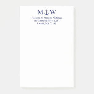Nautical anchor navy blue couple monogram initials post-it notes
