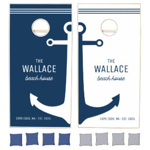 Nautical Anchor Navy Blue Custom Beach House Cornhole Set