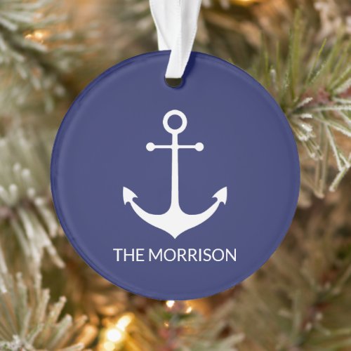 Nautical anchor navy blue custom boat family name  ornament