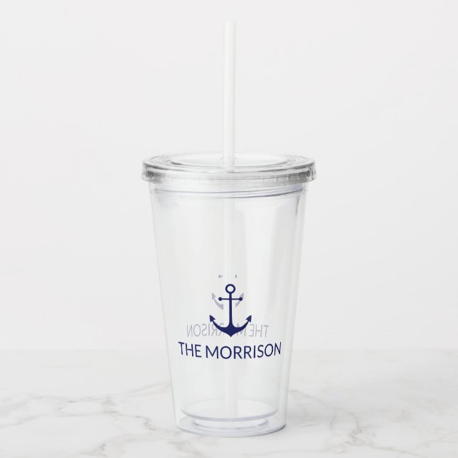Nautical anchor navy blue Custom Boat Name  Acrylic Tumbler (Front)