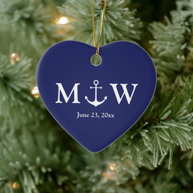 Nautical anchor navy blue custom couple monogram ceramic ornament (Tree)