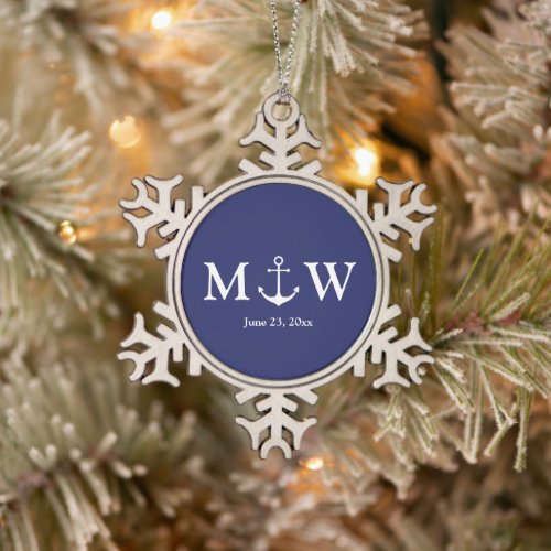 Nautical anchor navy blue custom couple monogram snowflake pewter christmas ornament